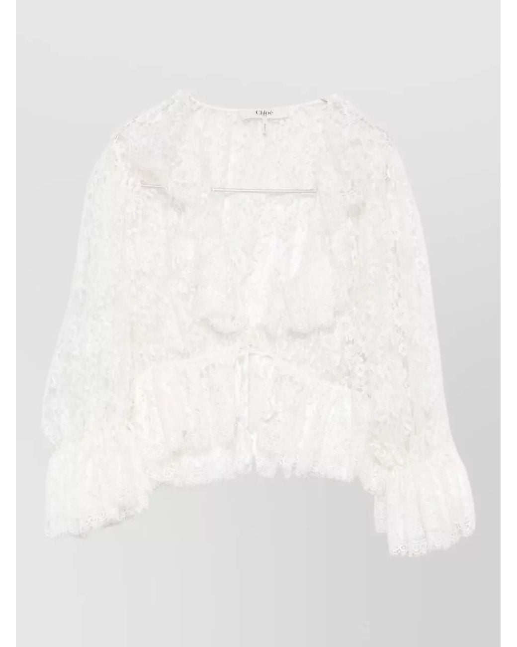 Chloé White Silk V-Neck Cropped Puff-Sleeve Bodysuit