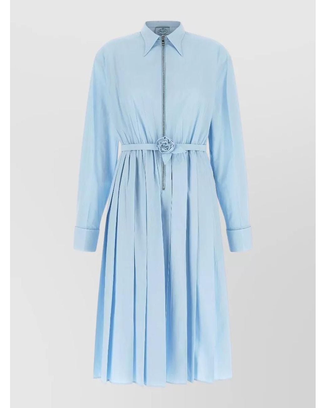 Prada Blue Cotton Poplin Belted Shirt Midi Dress