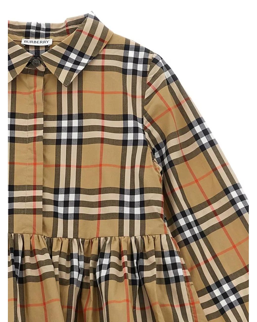 Burberry Metallic Cotton Checked Long-Sleeve Knee-Length Dress