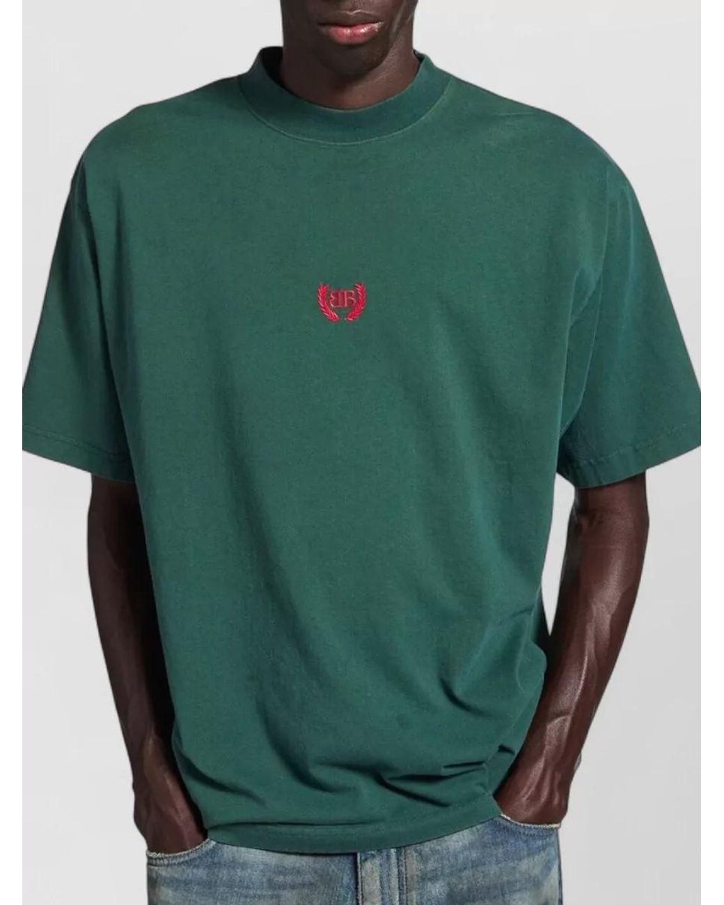 Balenciaga Green Embroidered Logo Cotton T-Shirt for men