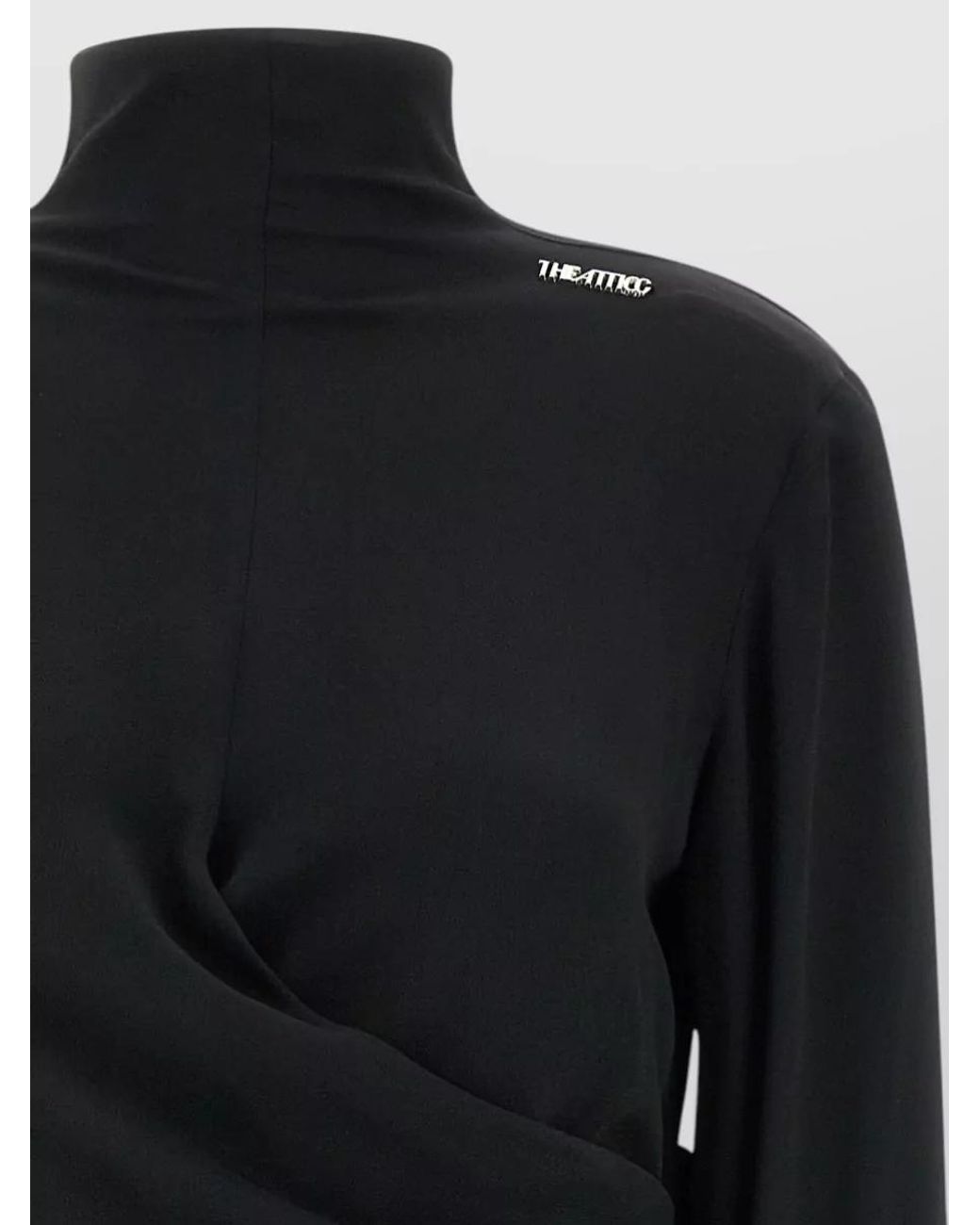 The Attico Black Silk Blend Draped High-Neck 3/4-Sleeve Top