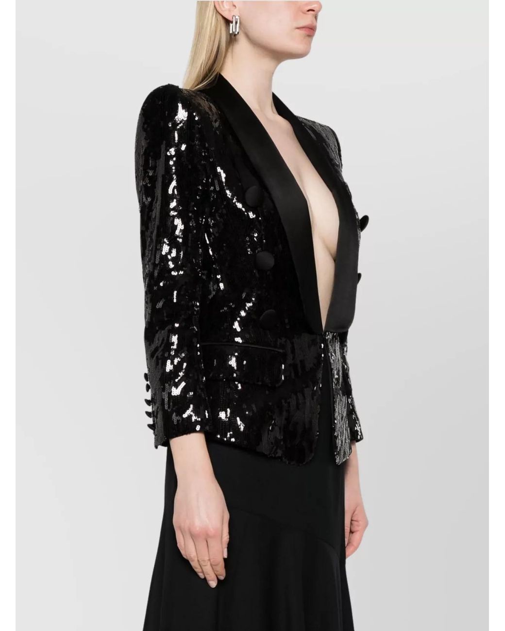 Balmain Black Glitter Satin V-Neck Blazer