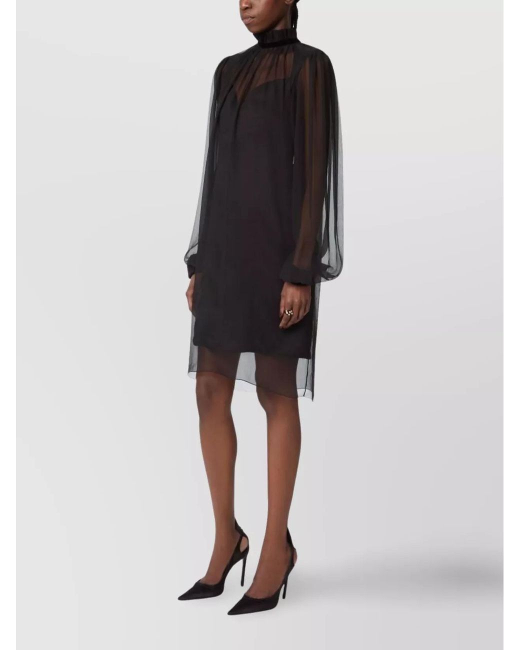 Nina Ricci Black Silk High-Neck Long-Sleeve Knee-Length Dress