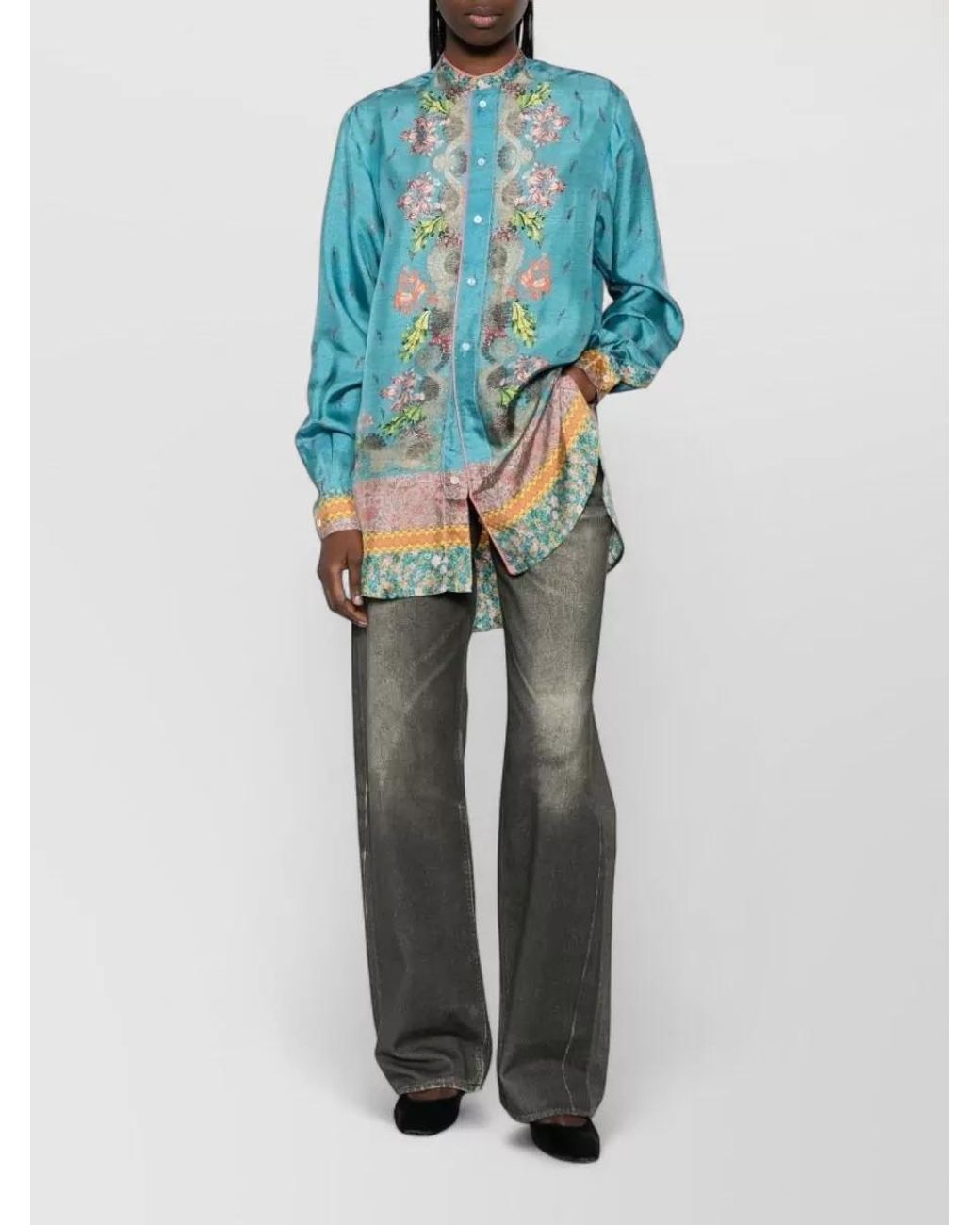 Pierre Louis Mascia Blue Silk Floral-Print Long-Sleeve Shirt