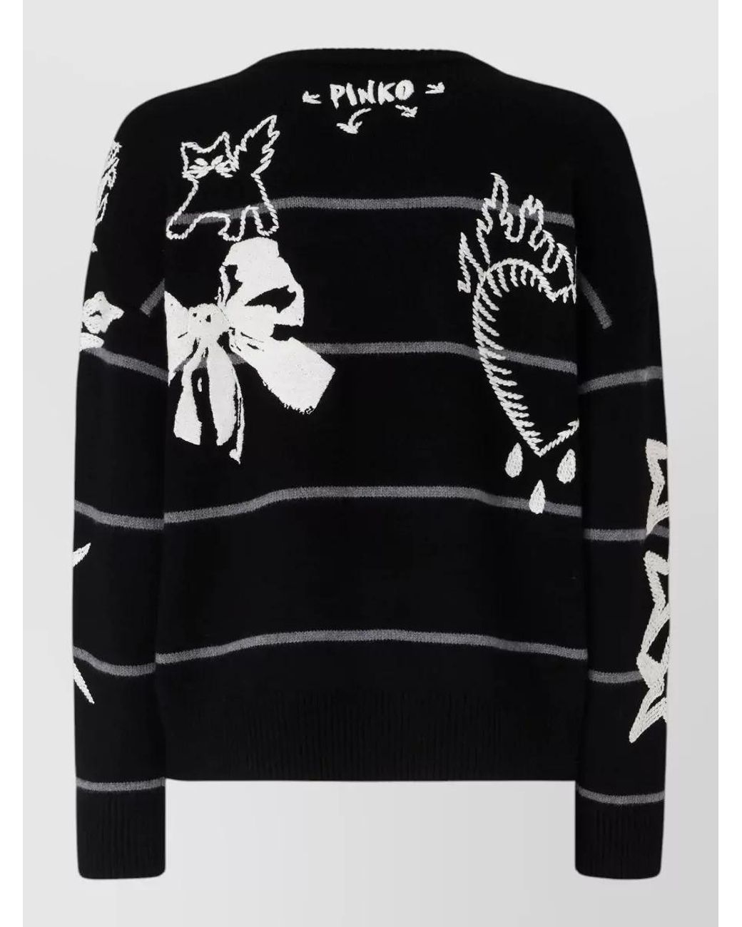 Pinko Black Merino Wool Striped Embellished Crewneck Jumper