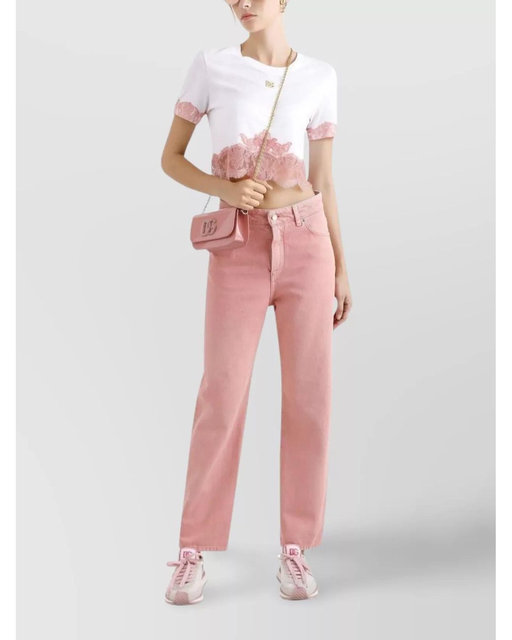 Dolce & Gabbana Pink Cropped T-Shirt With Lace Trim And Logo