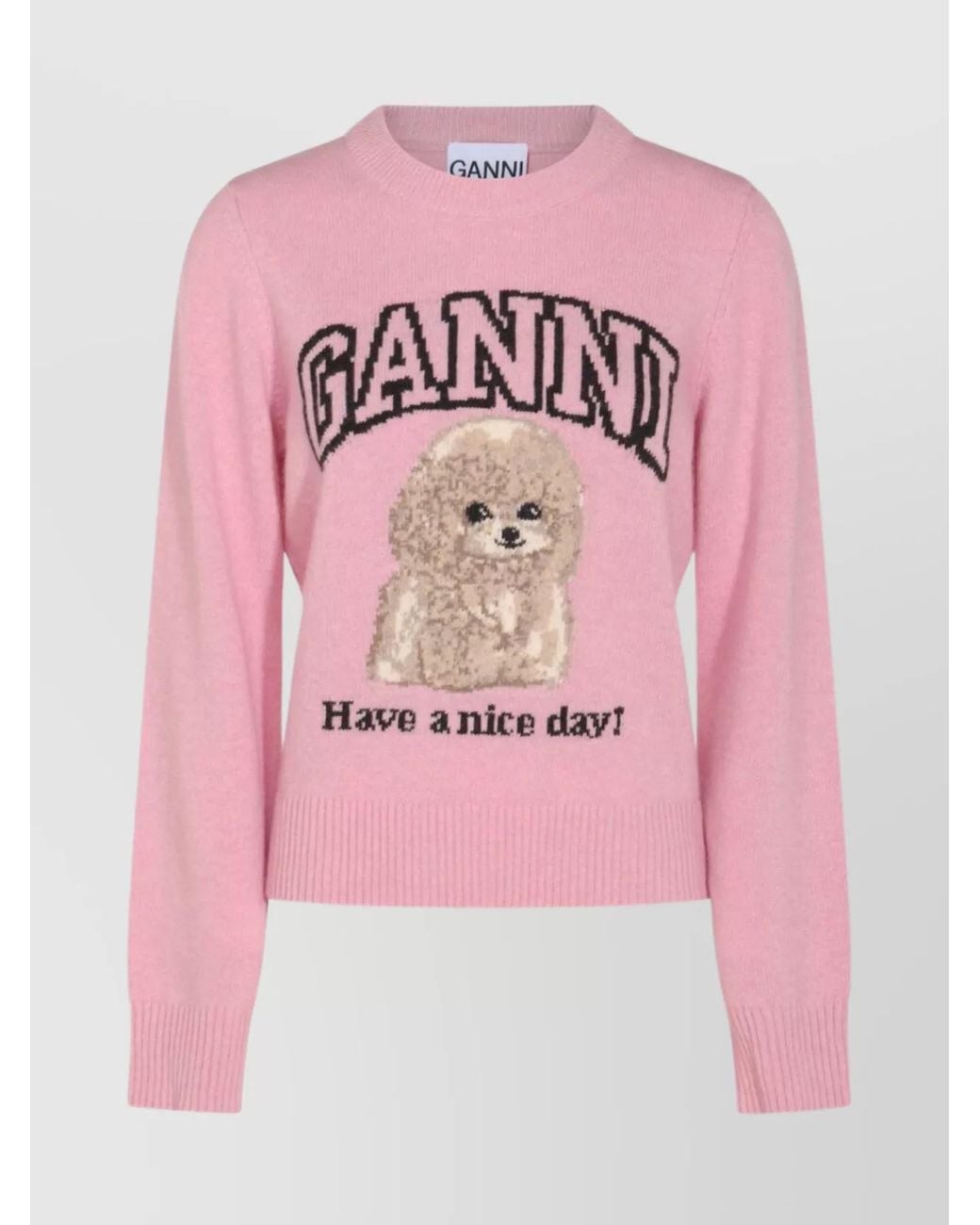Ganni Pink Ribbed Poodle-Intarsia Crewneck Jumper