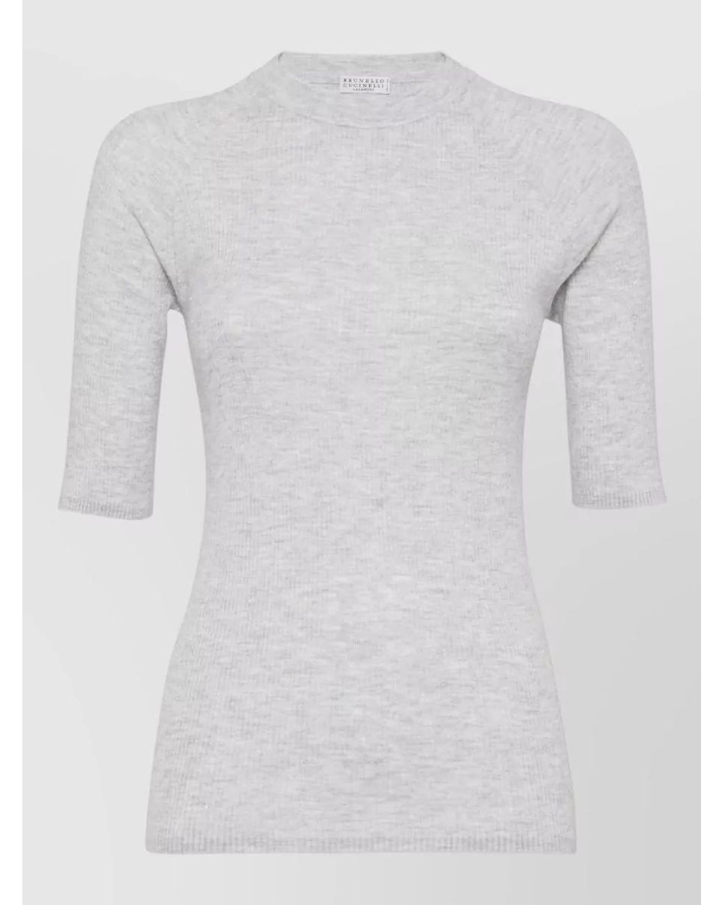 Brunello Cucinelli Gray Cashmere Ribbed Slim-Fit 3/4-Sleeve Sweater