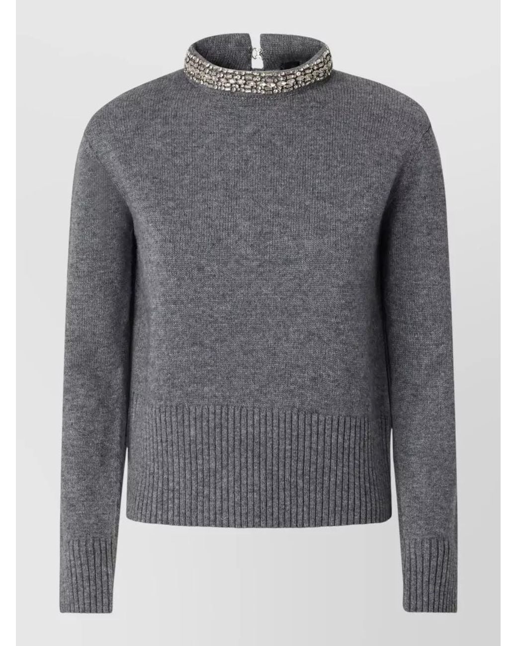 Pinko Gray Cashmere Wool Cropped Rhinestone-Collar Sweater