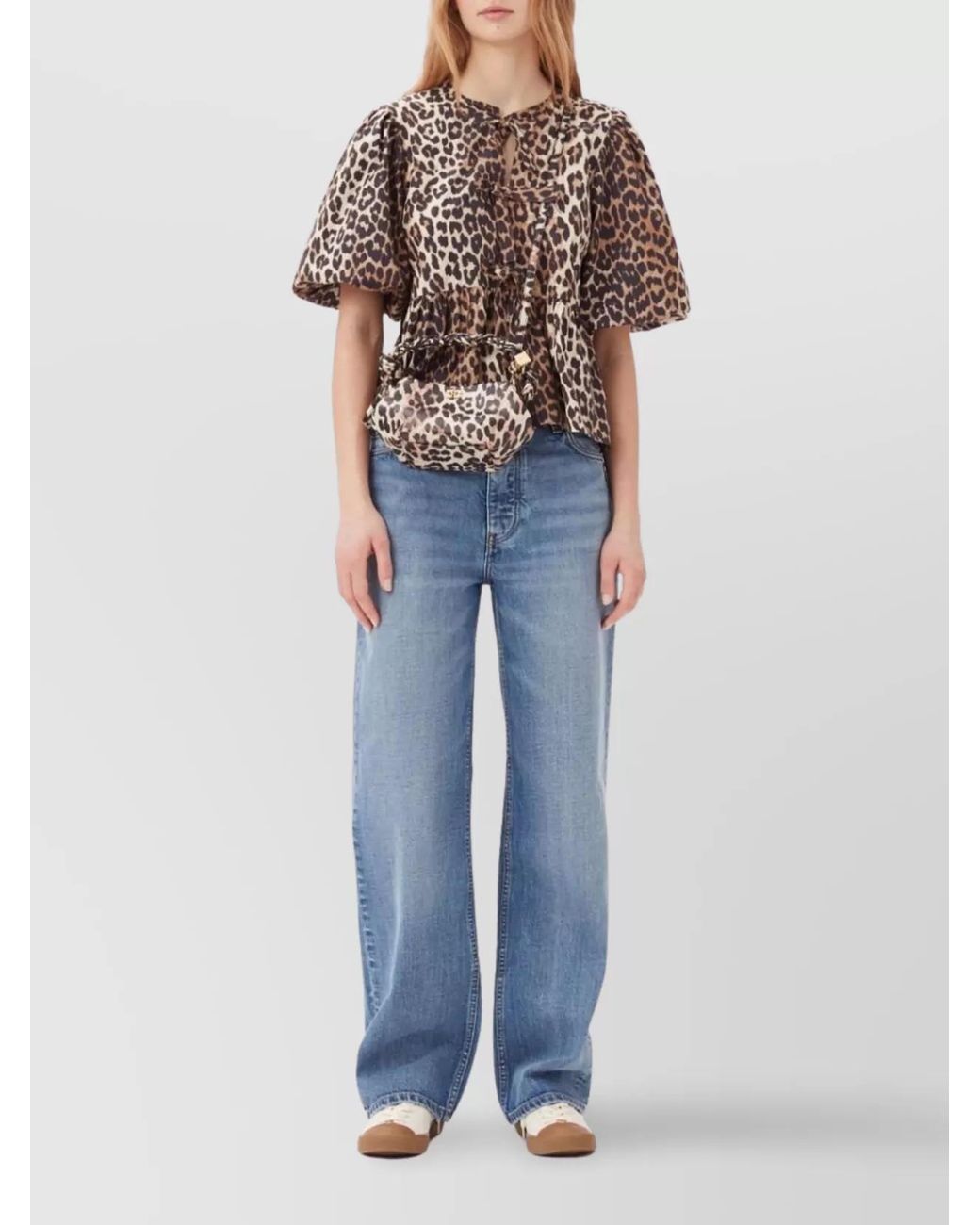 Ganni Multicolor Leopard-Print Organic Cotton Peplum Blouse