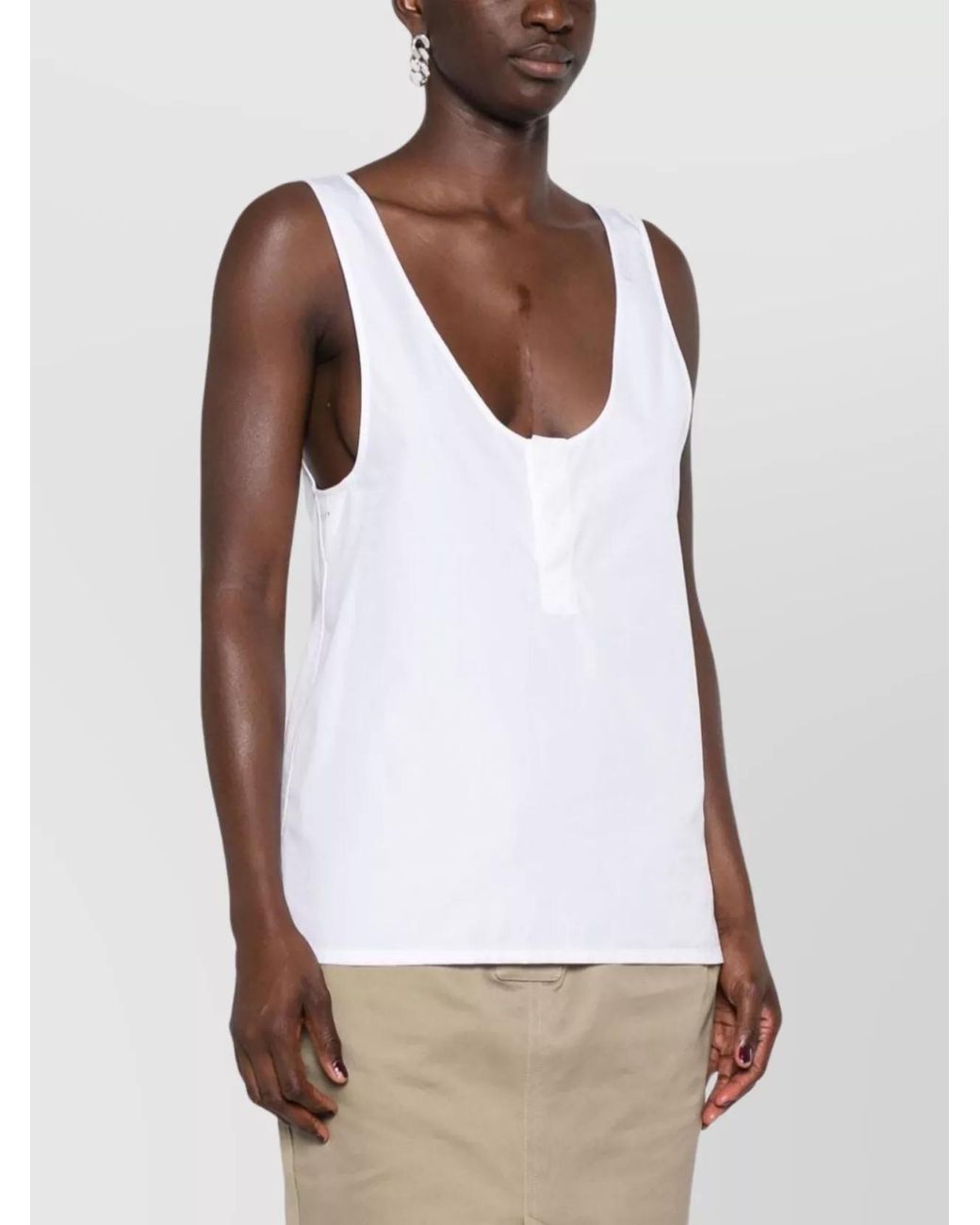 Saint Laurent White Cotton Poplin Sleeveless U-Neck Top