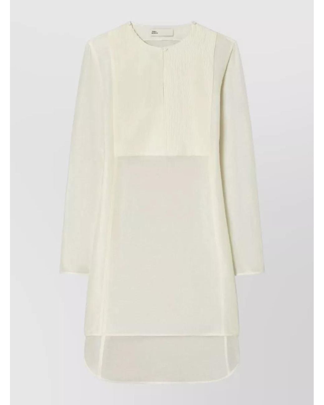 Tory Burch Natural Silk Linen Pleated Long-Sleeve Round-Neck High-Low Hem Knee-Length Dress