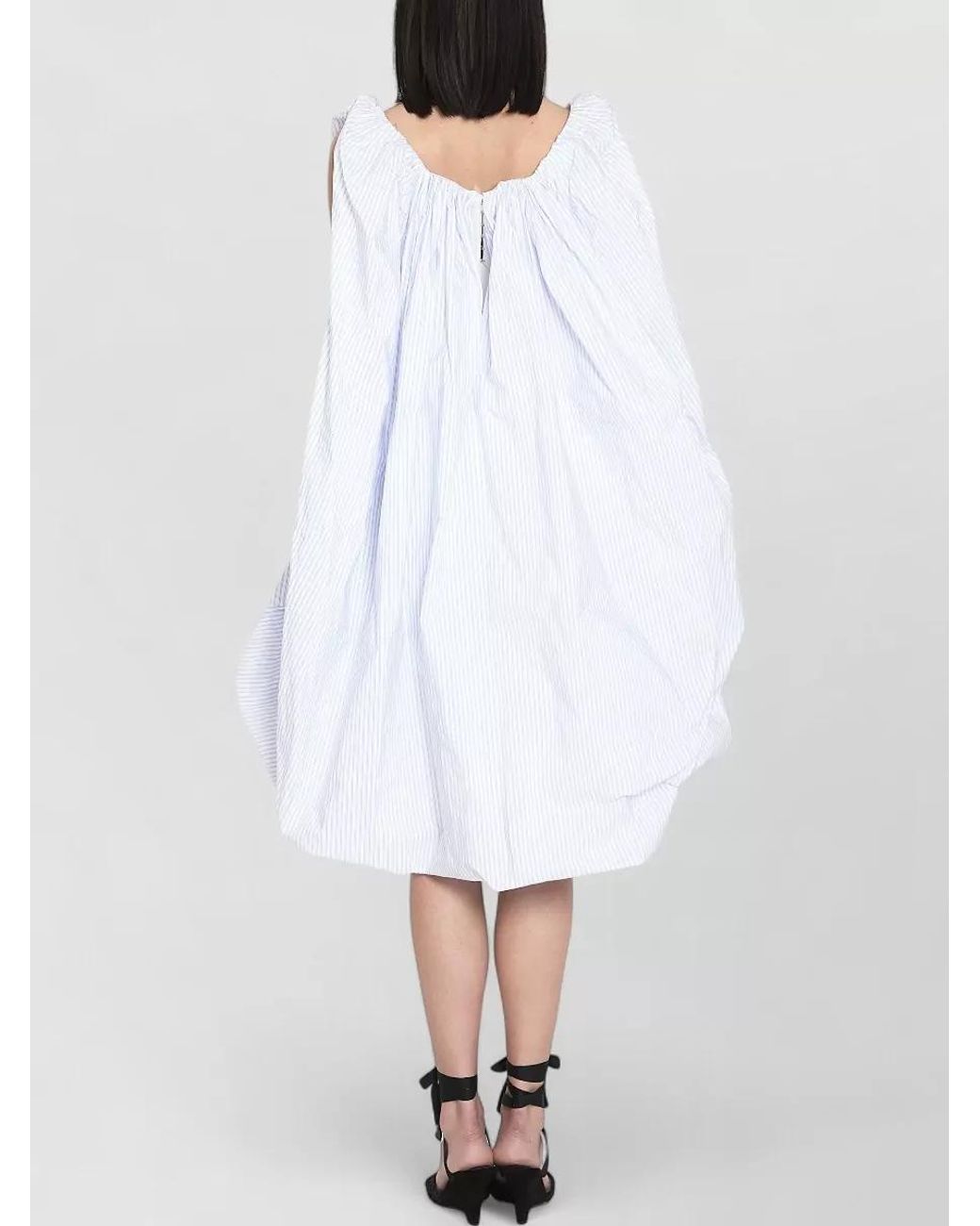 Jacquemus White Striped Off-The-Shoulder Draped Gathered Balloon-Hem Midi Dress