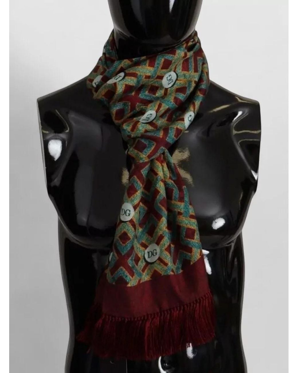 Dolce & Gabbana Green Silk Logo-Print Fringe Scarf for men