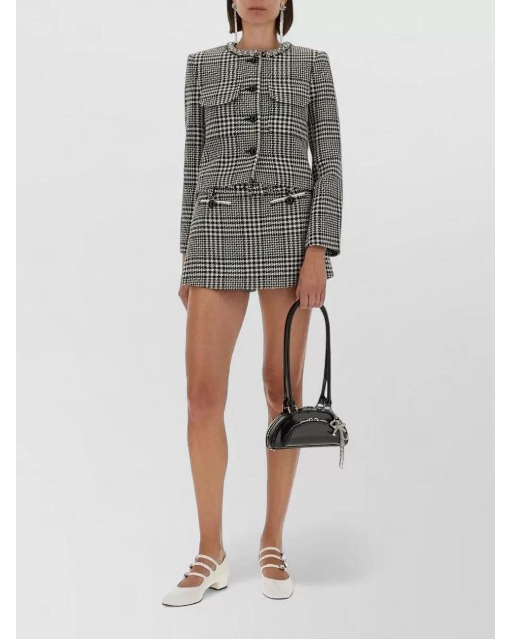 Self-Portrait Gray Crystal Embellished Houndstooth Wool Jacket