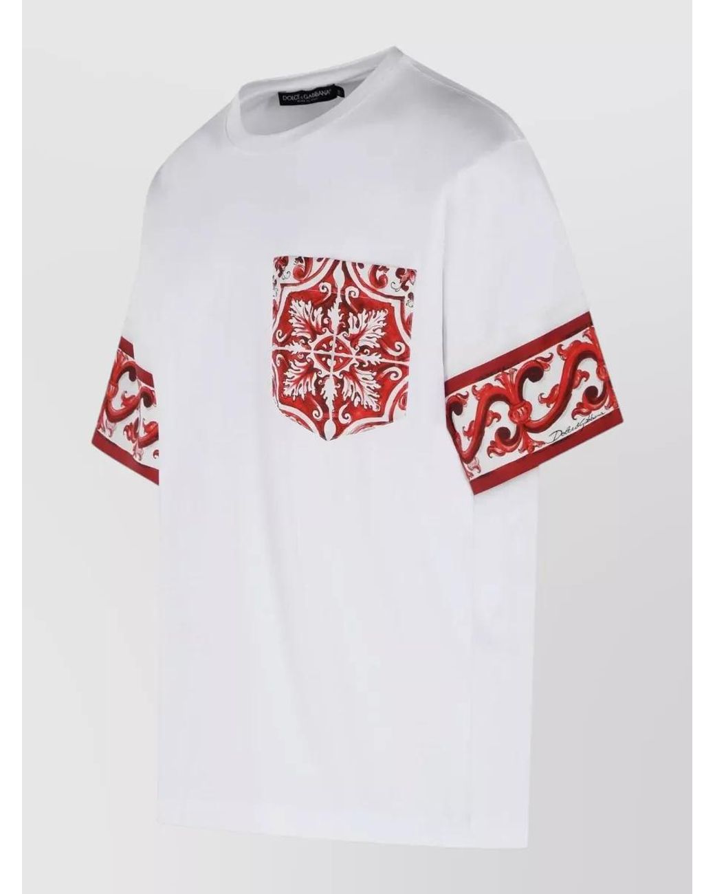 Dolce & Gabbana White Silk Cotton Maiolica Print Short-Sleeve T-Shirt for men