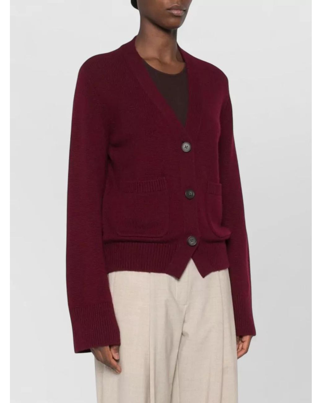 Lisa Yang Red Cashmere Ribbed V-Neck Cardigan