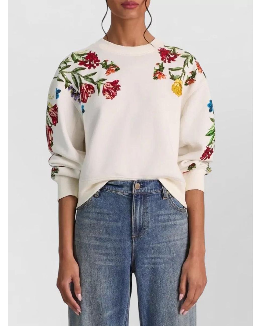 Alice + Olivia Multicolor Embroidered Cotton Sequin-Embellished Crew-Neck Long-Sleeve Sweatshirt