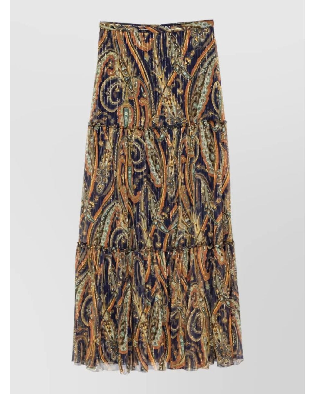 Etro Natural Silk Paisley-Print Metallic-Thread Tiered Gathered Maxi Skirt