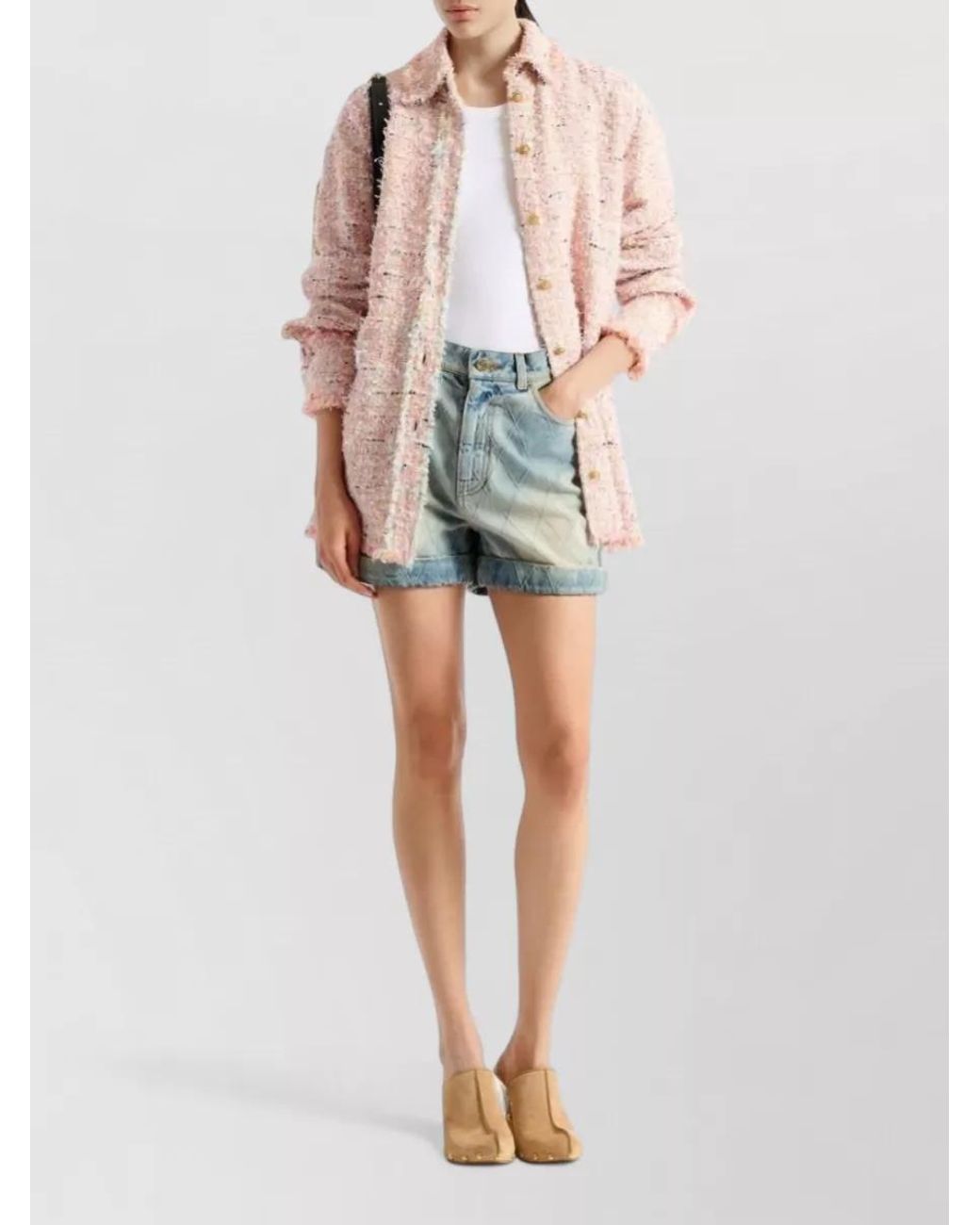 Balmain Pink Tweed Long-Sleeve Shirt Jacket