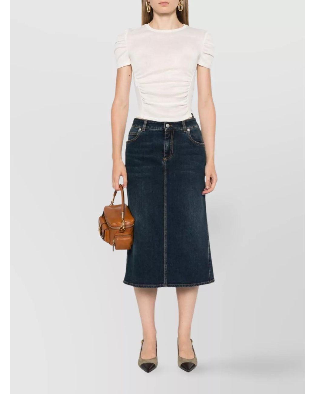 Pinko White Ruched Semi Sheer Logo Patch Cotton T Shirt