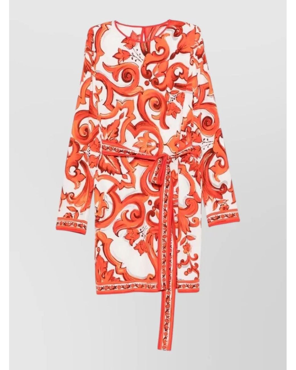 Dolce & Gabbana Red Silk Printed Long-Sleeve Mini Dress