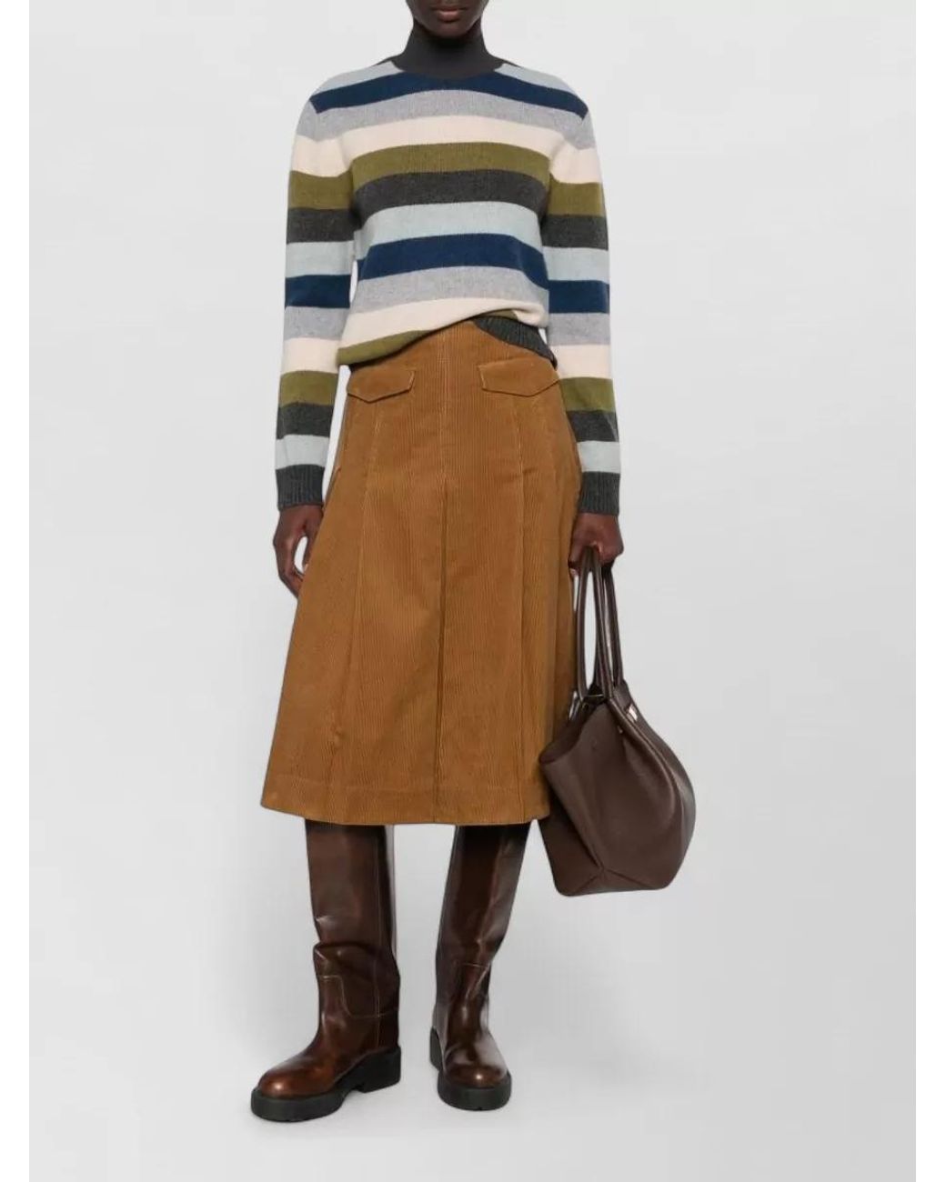 Tory Burch Natural Cotton Corduroy Pleated A-Line Midi Skirt