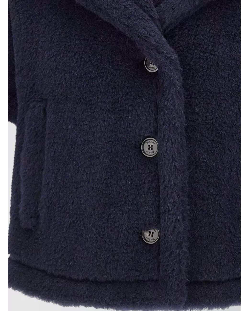 Max Mara Blue Silk Alpaca Virgin Wool Teddy Cape