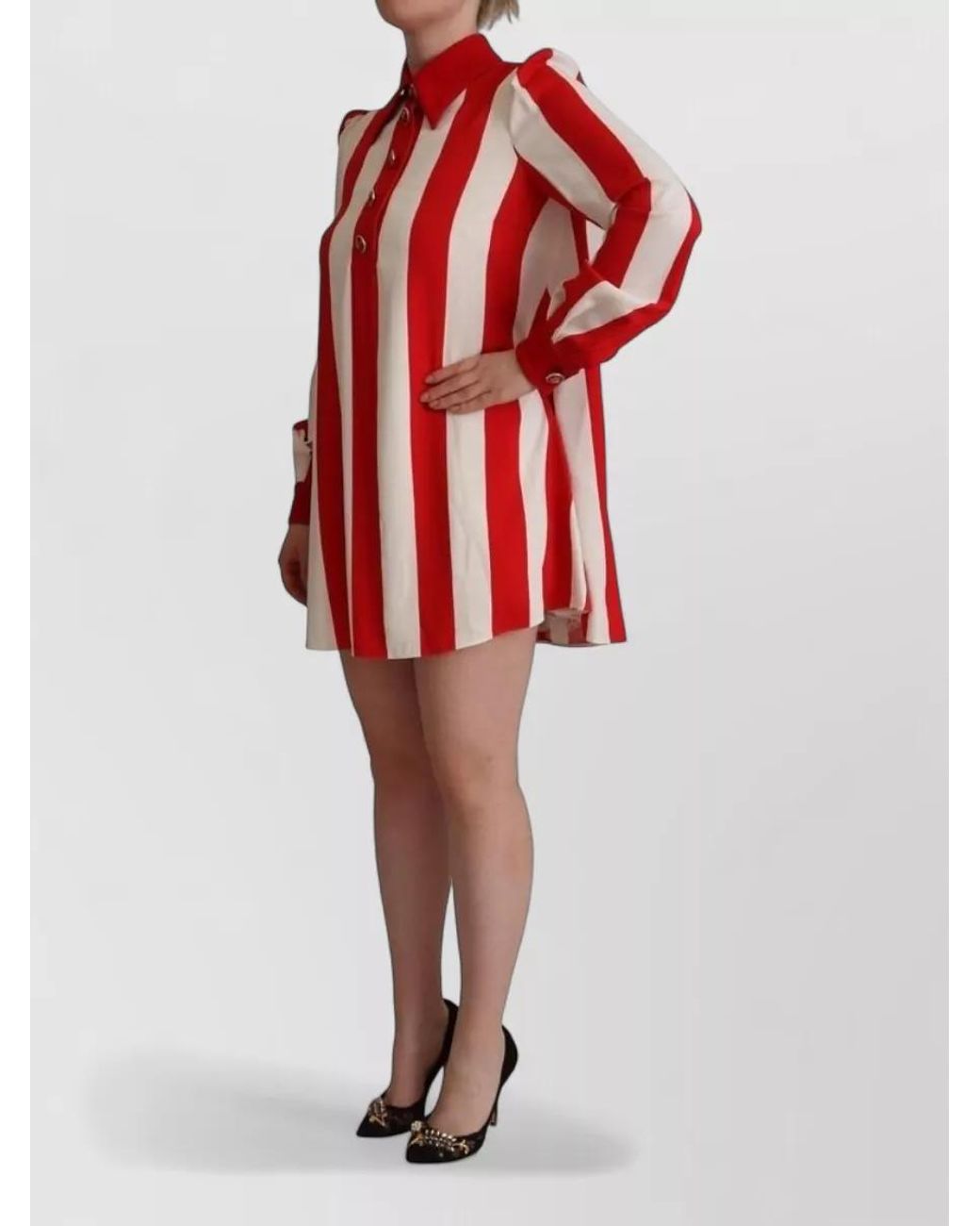 Dolce & Gabbana Red Striped Long-Sleeve Mini Shirt Dress