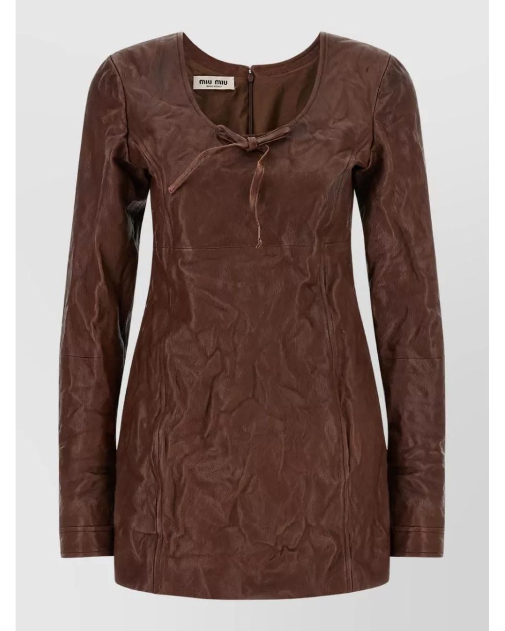 Miu Miu Brown Leather Long-Sleeve Mini Dress