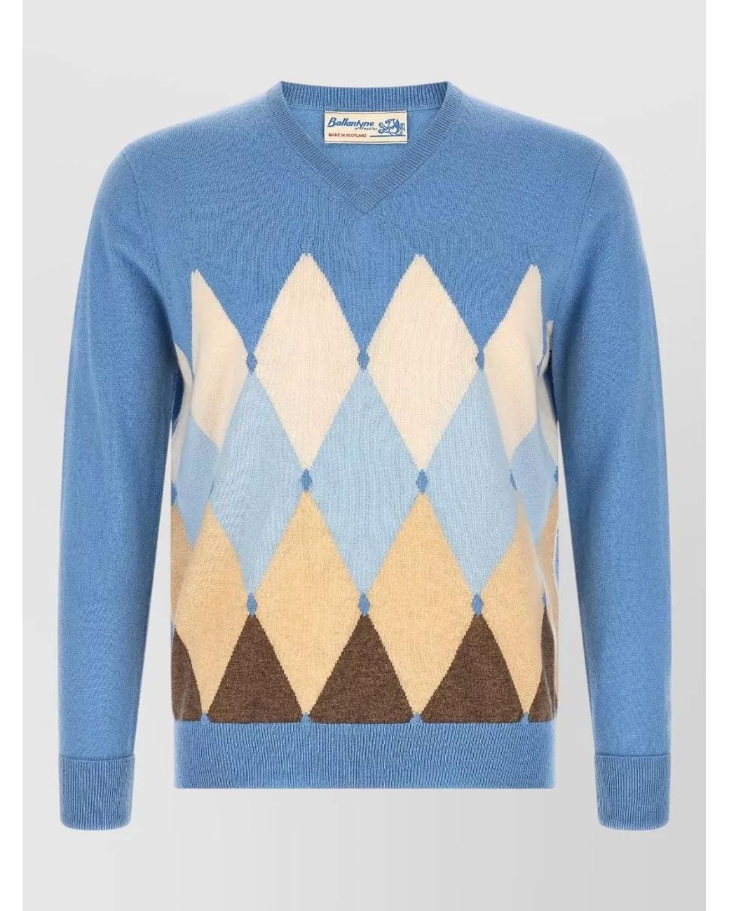 Ballantyne Blue Cashmere Regular-Fit V-Neck Diamond-Intarsia Jumper for men