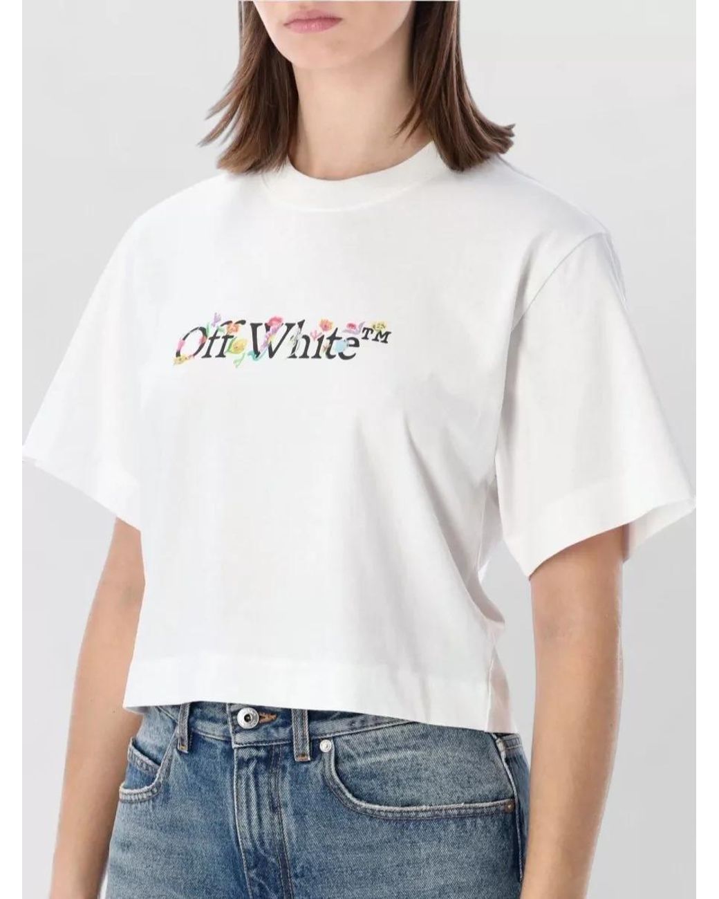 Off-White c/o Virgil Abloh Blue Cropped Printed Cotton T-Shirt