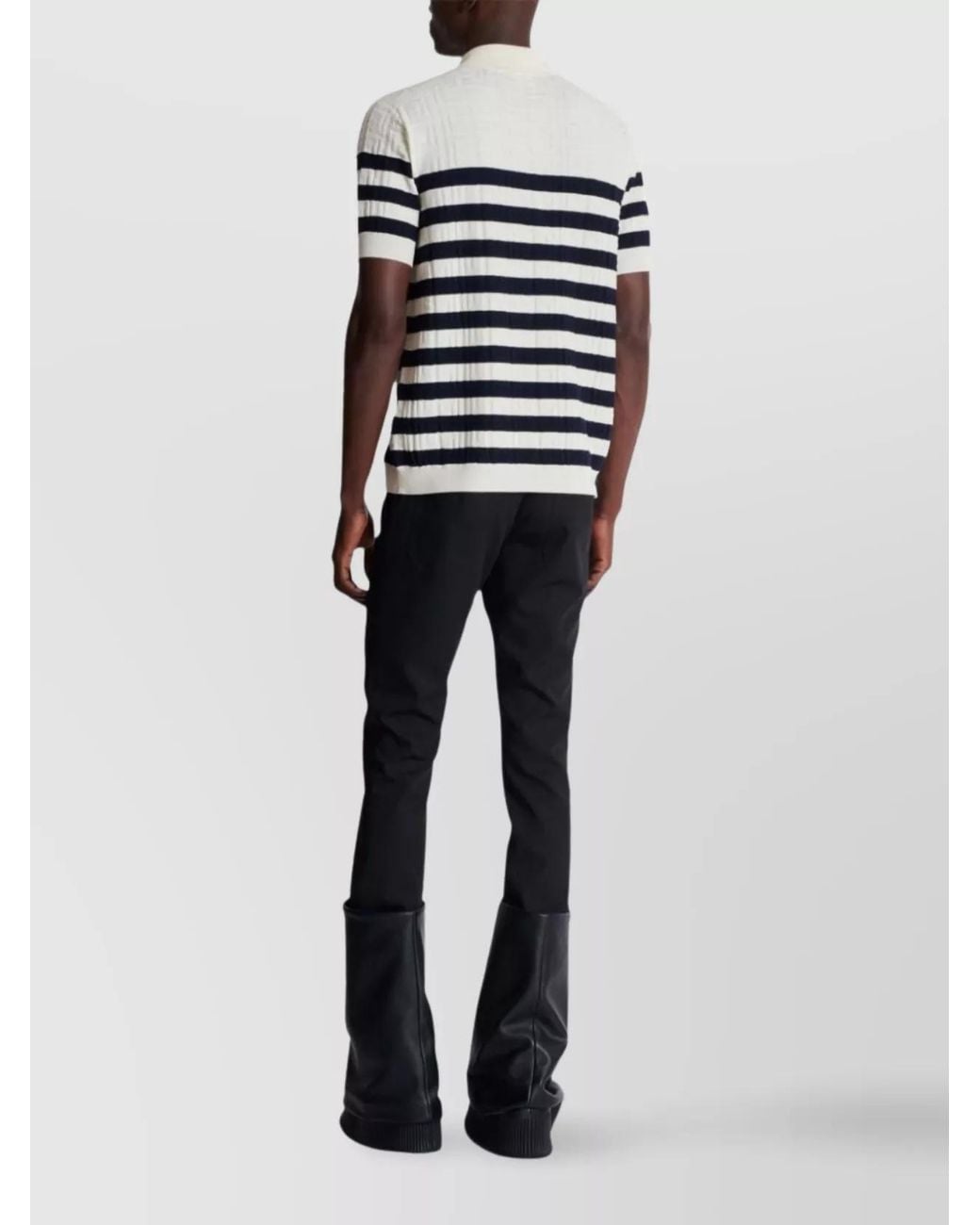 Balmain Blue Virgin Wool Knitted Striped Short-Sleeve Polo Shirt for men