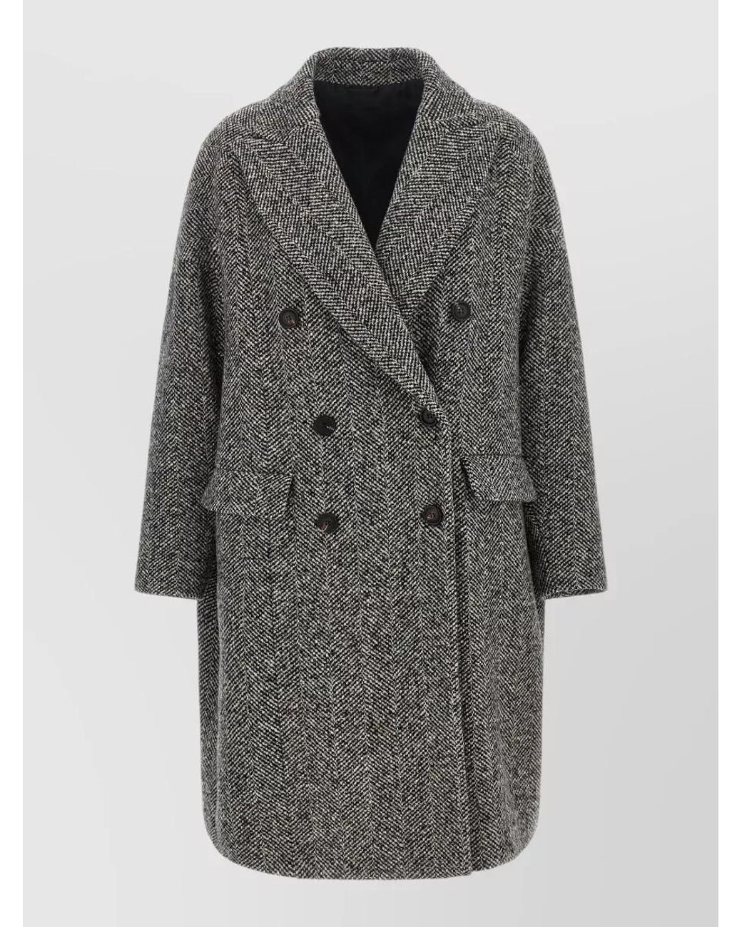 Brunello Cucinelli Gray Virgin Wool And Alpaca Herringbone Double-Breasted Long Coat