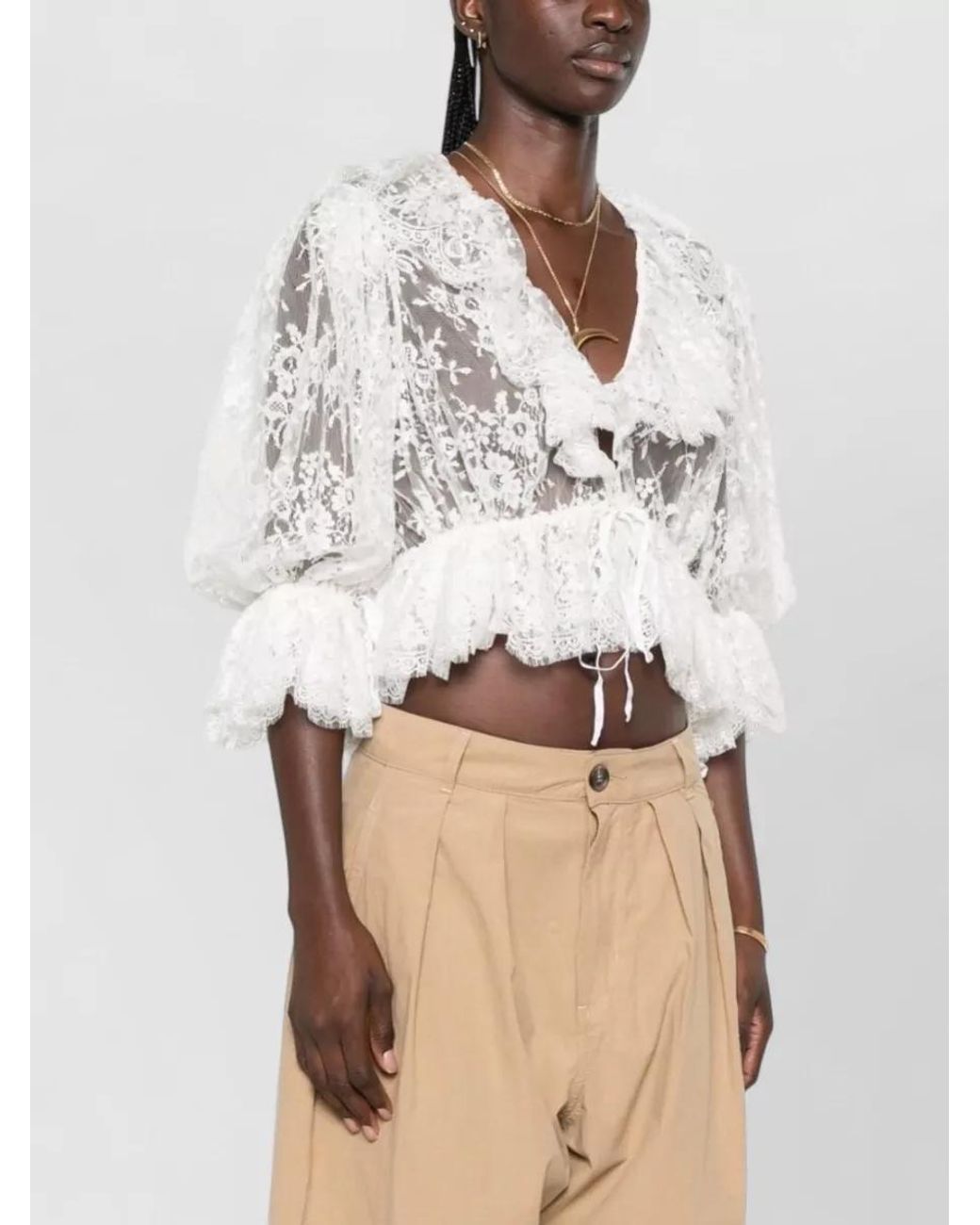Chloé White Silk V-Neck Cropped Puff-Sleeve Bodysuit
