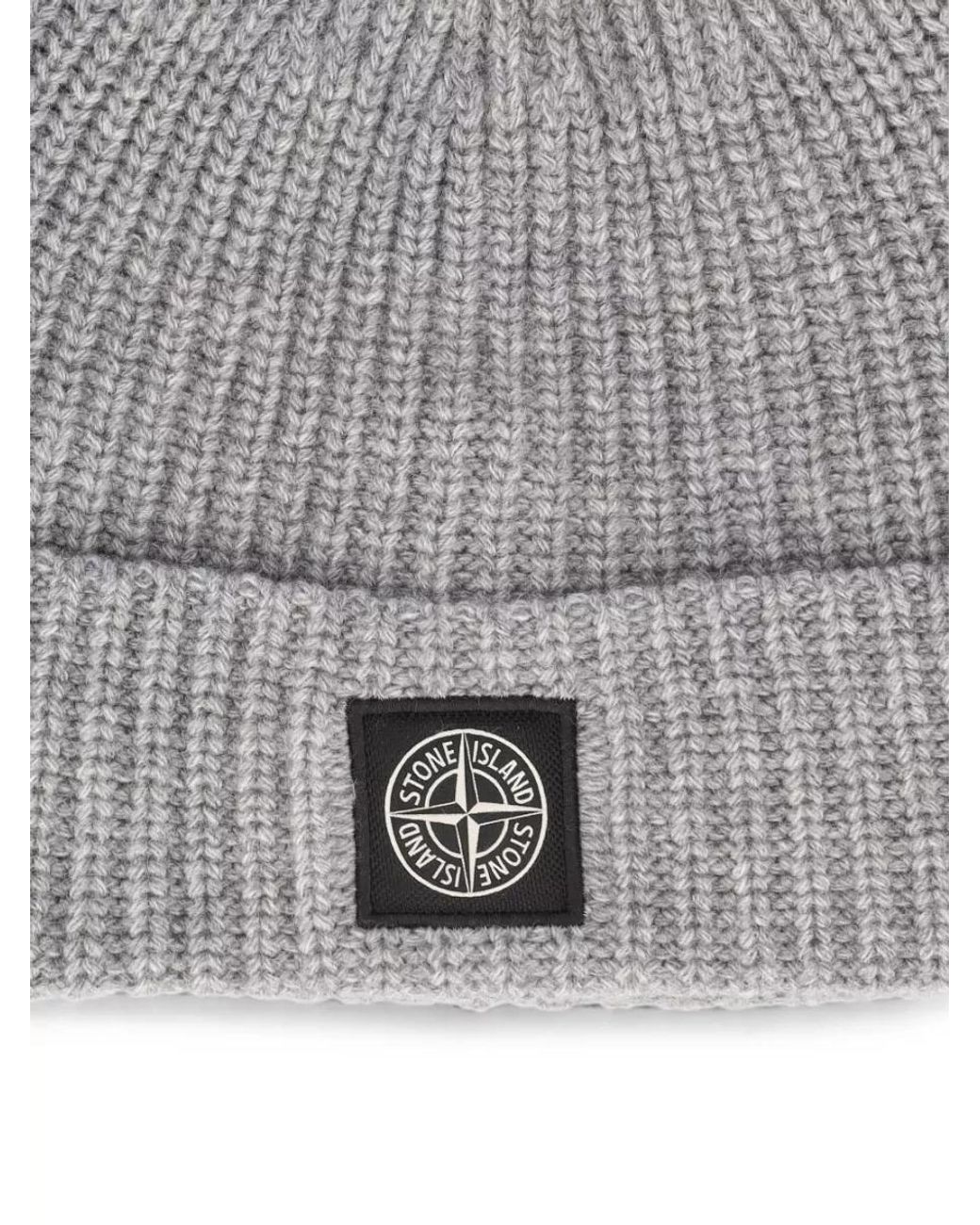 Stone Island Gray Ribbed Virgin Wool Beanie for men