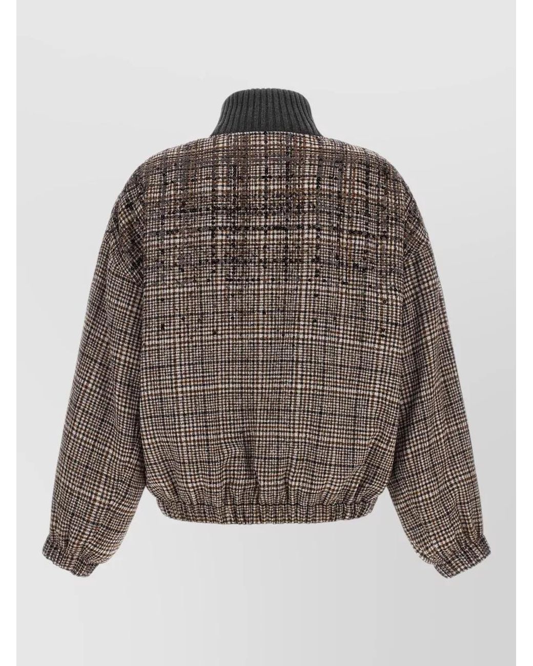 Brunello Cucinelli Brown Alpaca Wool Sequin Check Oversized Bomber Jacket