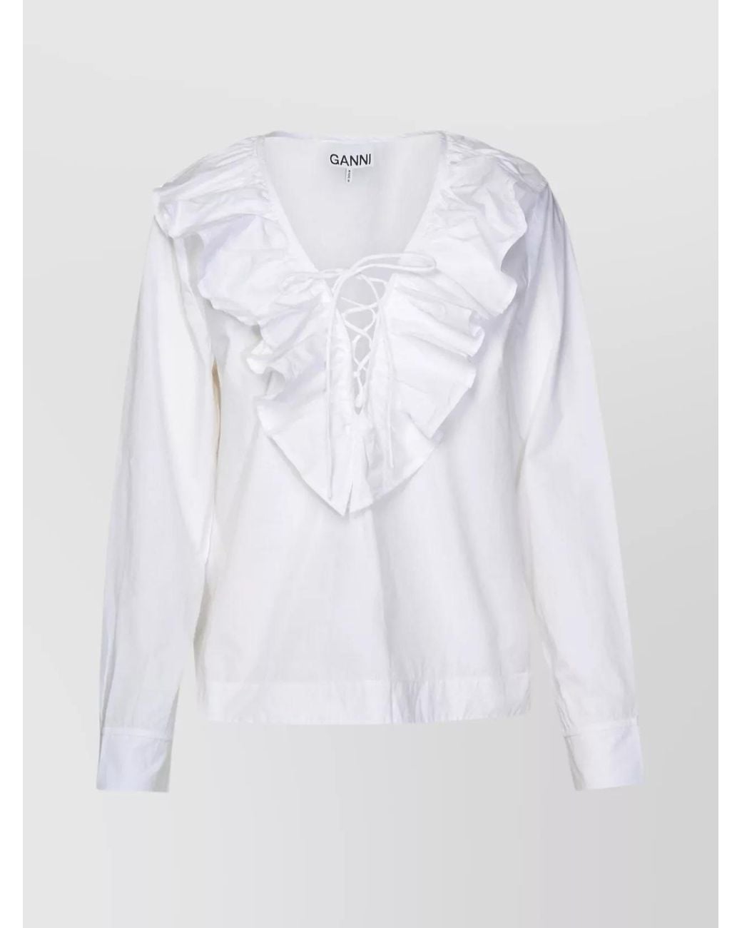 Ganni White Cotton Ruffled V-Neck Blouse