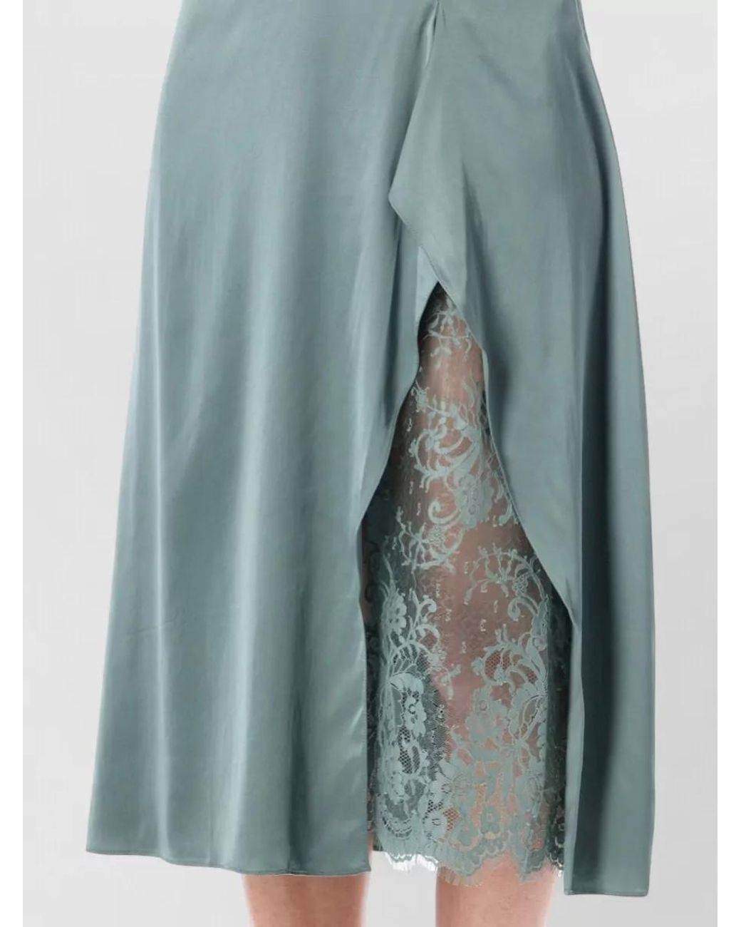 Acne Blue Satin V-Neck Lace-Trim Midi Slip Dress
