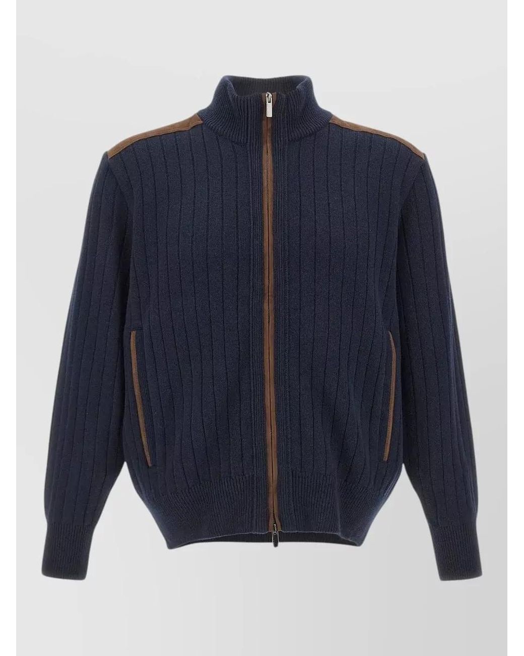 Paul & Shark Blue Cashmere Wool Ribbed High Neck Long-Sleeve Zip-Up Jacket for men