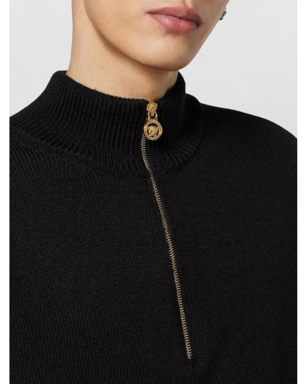 Versace Black Ribbed Half-Zip Knit Sweater for men