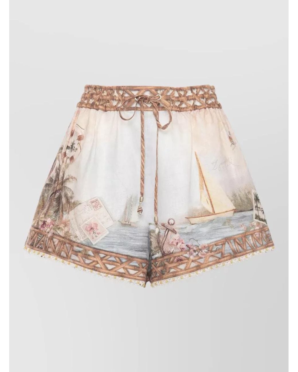 Zimmermann Natural Linen Printed Cropped Shorts