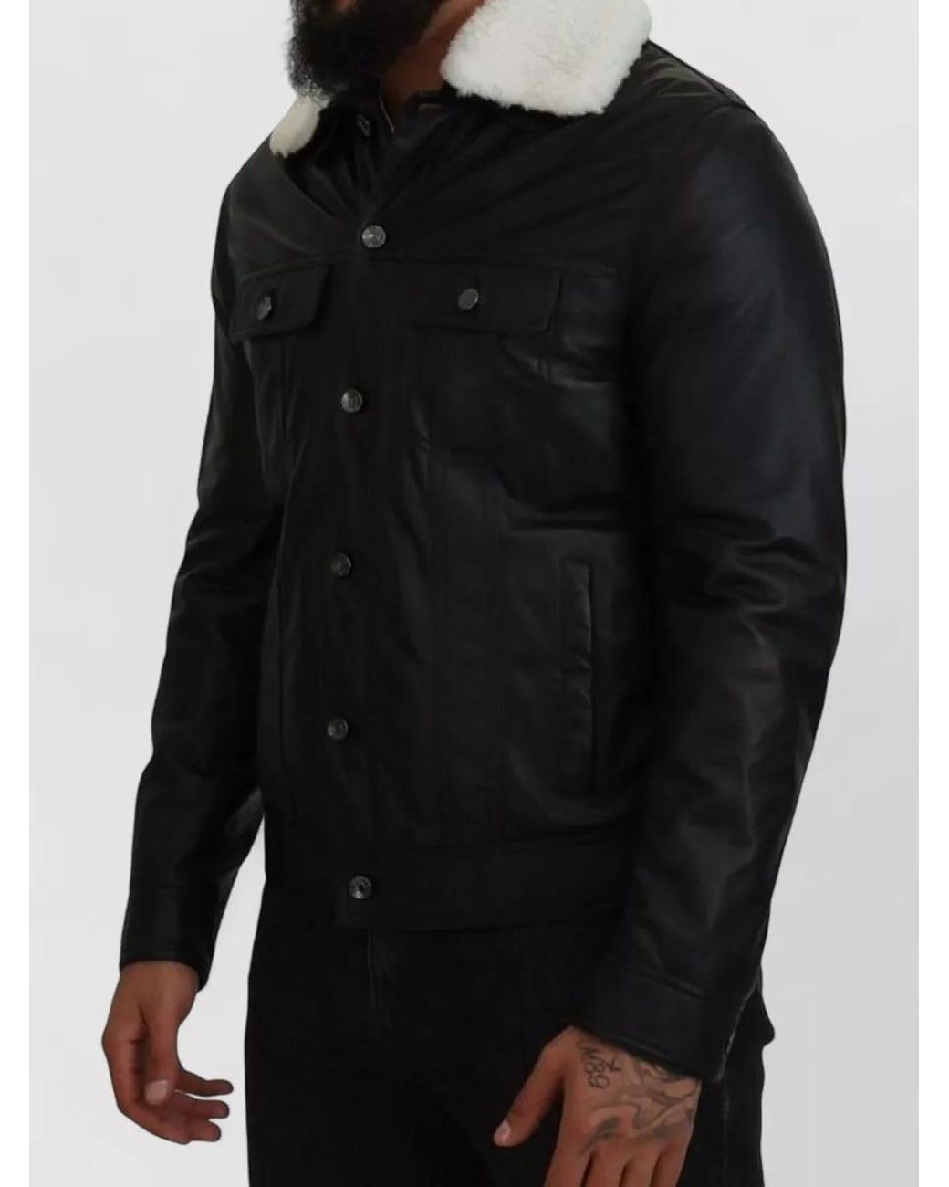 Dolce & Gabbana Black Lamb Leather Shearling Collar Coat for men