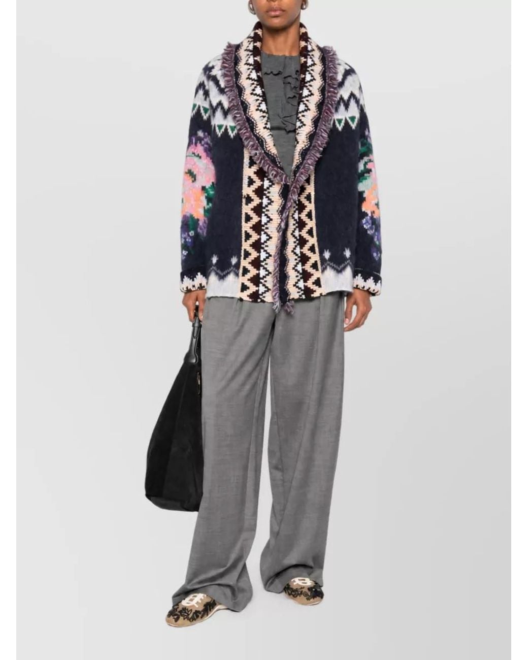 Forte_forte White Wool Oversized Geometric Pattern Shawl Collar Long-Sleeve Cardigan