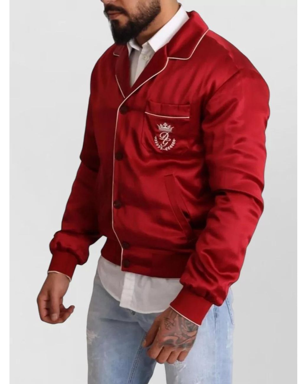 Dolce & Gabbana Red Silk Button Bomber Jacket for men
