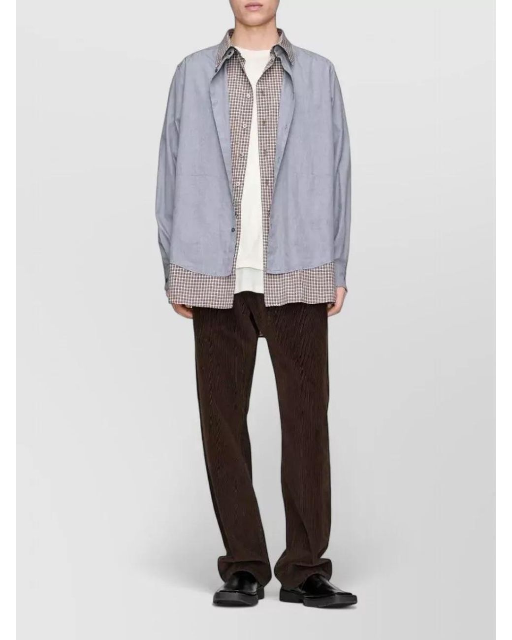 Maison Margiela Gray Cotton Checked Band Collar Long-Sleeve Shirt for men