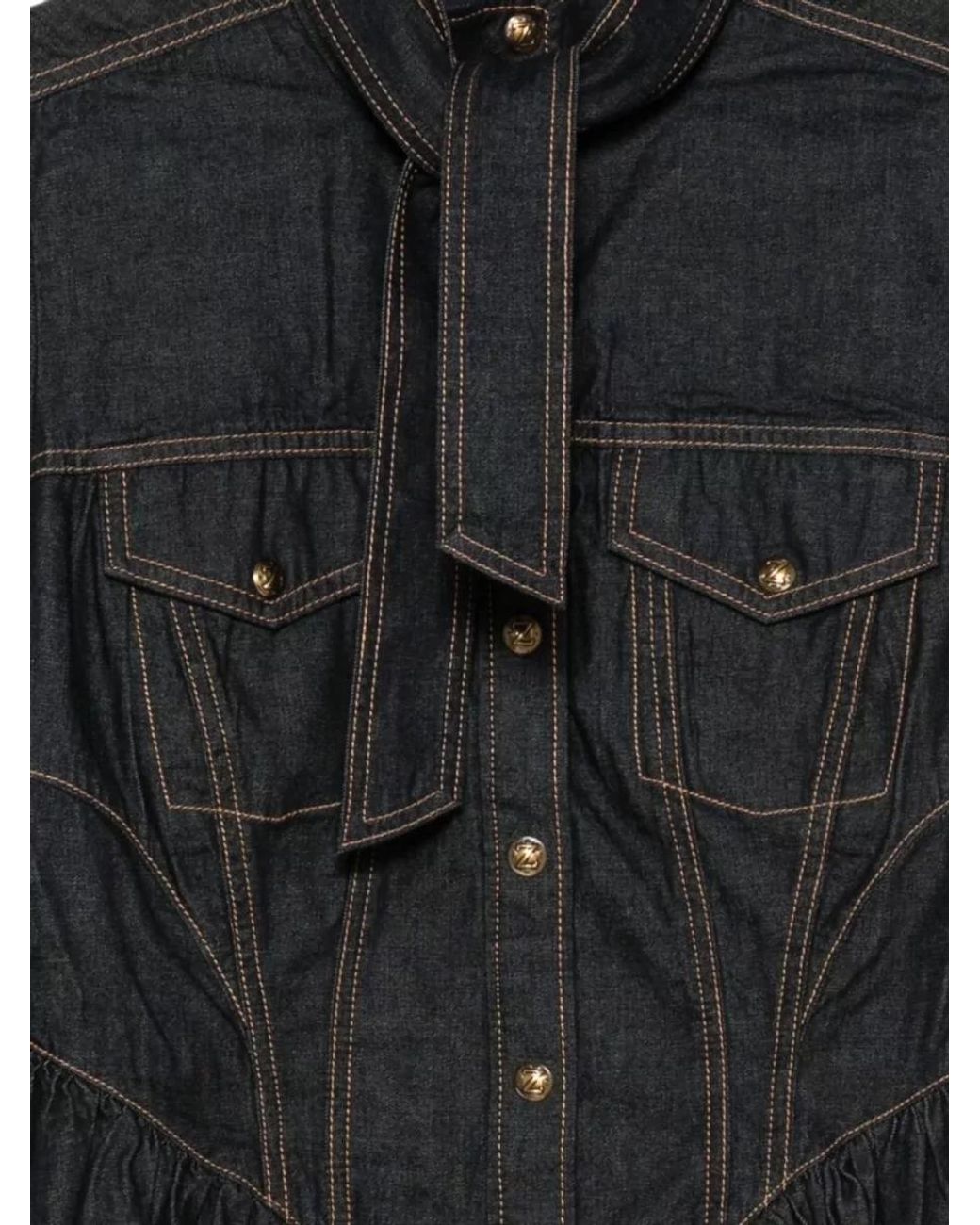 Zimmermann Black Denim Fitted Pussy-Bow Peplum Shirt
