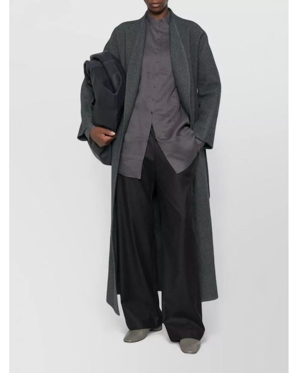 Cortana Black Wool Blend Long-Sleeve Belted Robe