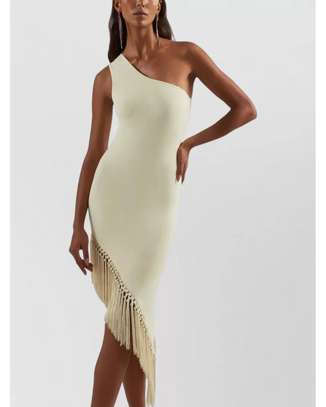 Taller Marmo White Fringe Asymmetric One-Shoulder Midi Dress