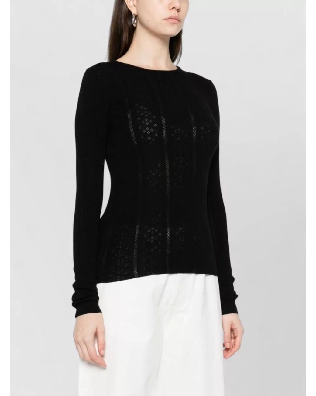 Herskind Black Merino Wool Perforated Long-Sleeve Crewneck Sweater